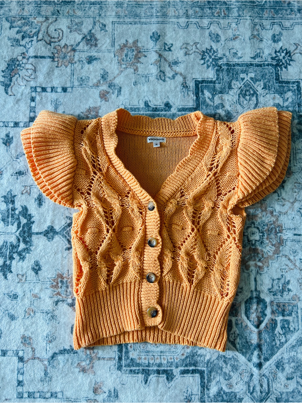 Vigoss Orange Open-Stitch Button Front Short Sleeve Cardigan